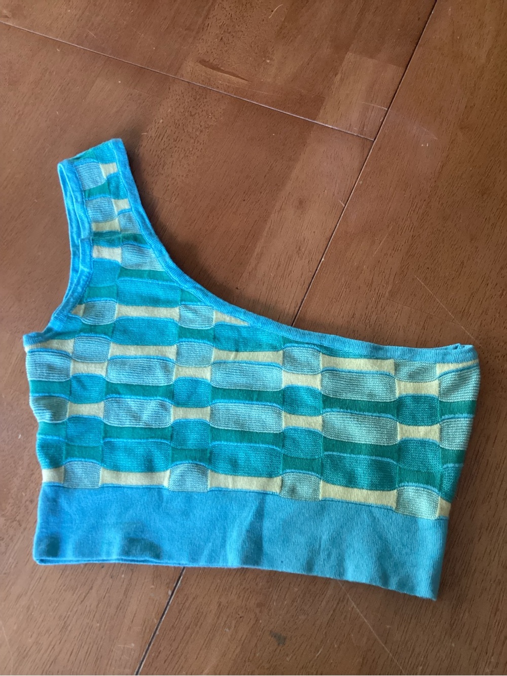 Cotton On One-Shoulder KnitGeometric Crop Top in Aqua and Yellow - S